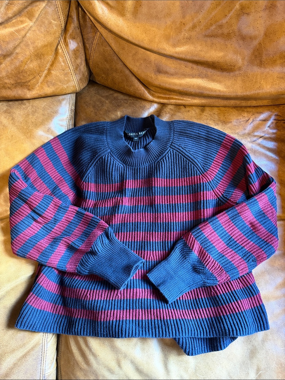Veronica Beard Ribbed Stripe Crewneck Sweater in Navy and Burgundy